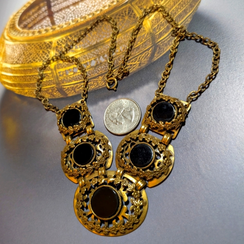 Victorian Mourning Onyx Forget Me Not Wreath Necklace ~ Antique - Picture 6 of 7
